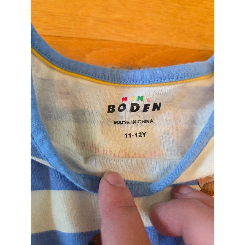 Mini Boden Blue Stripe Dress Dachshund Weiner Dog Cotton Jersey Girls 11-12